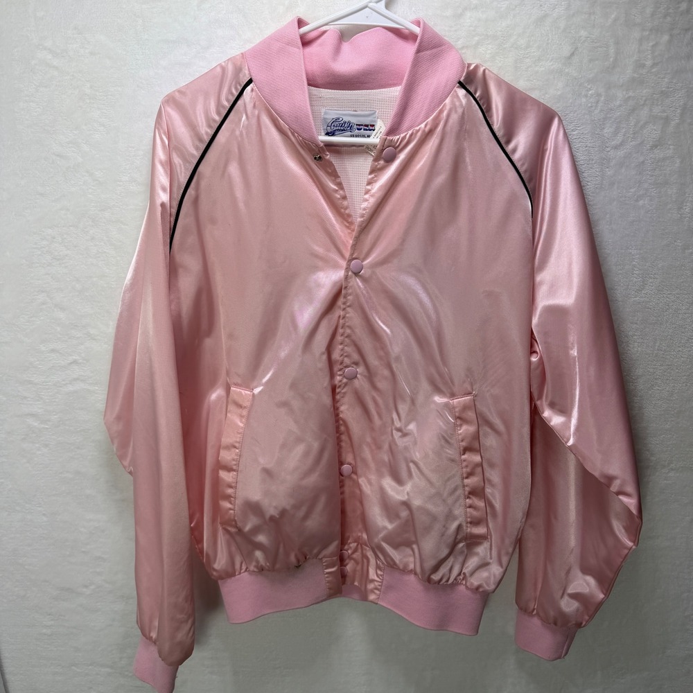 Vintage Cruisin USA Pink Ladies Satin Bowling Bomber Jacket Light Pink Size L